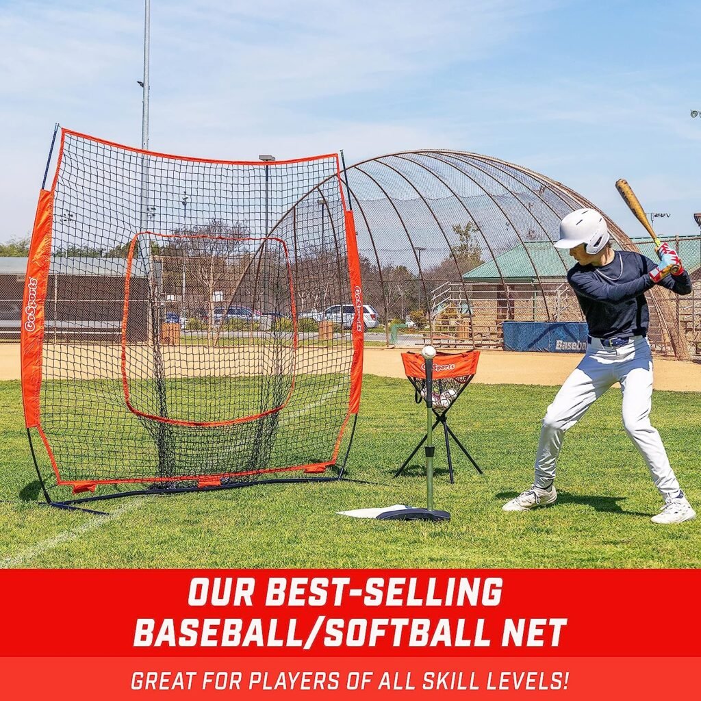 GoSports 7 ft x 7 ft Baseball  Softball Practice Hitting  Pitching Net with Bow Type Frame, Carry Bag and Strike Zone, Great for All Skill Levels