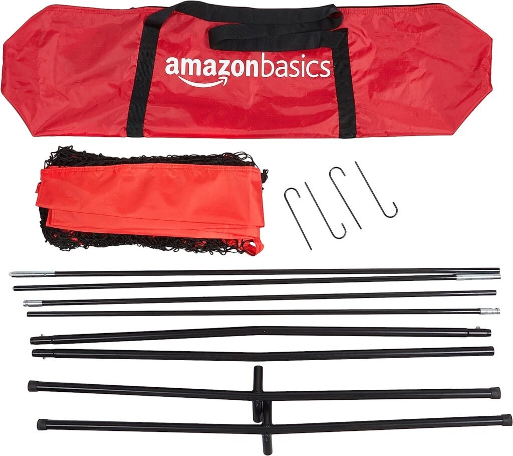 Amazon Basics Baseball Softball Hitting Pitching Batting Practice Net With Stand - 96 x 42 x 86 Inches, Red and Black
