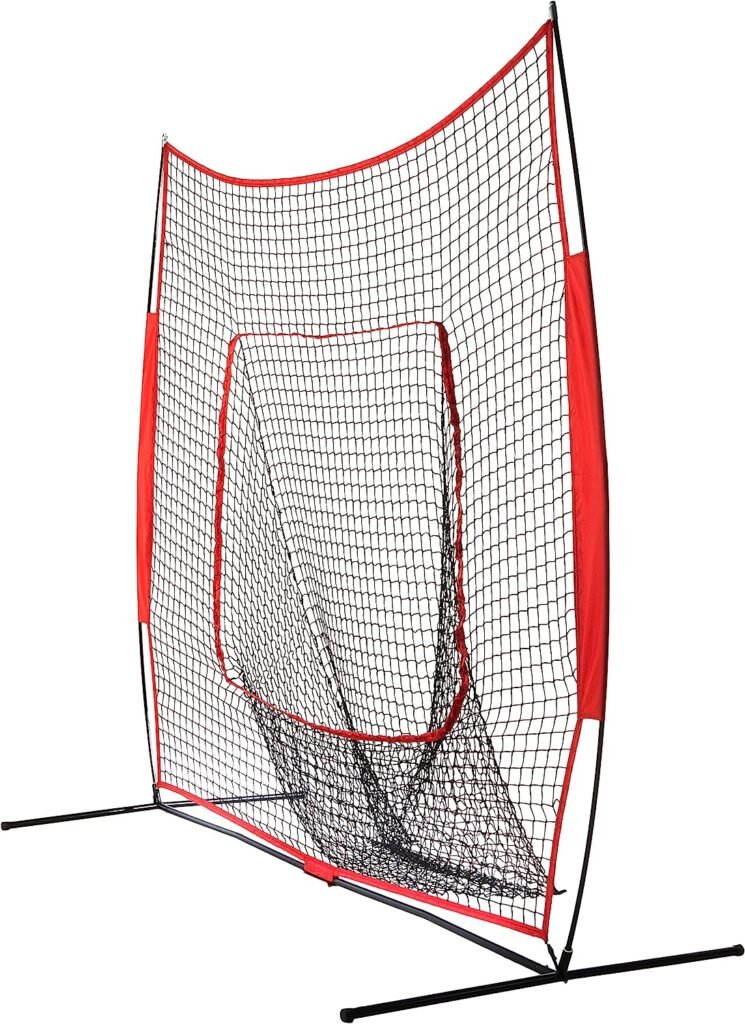 Amazon Basics Baseball Softball Hitting Pitching Batting Practice Net With Stand - 96 x 42 x 86 Inches, Red and Black