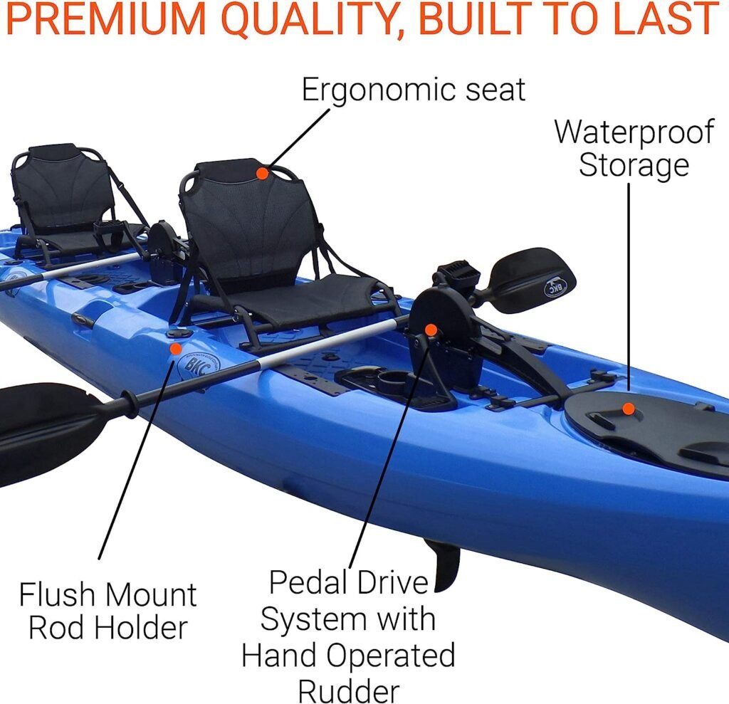 BKC PK14 14 Tandem Sit On Top Pedal Drive Kayak W/Rudder System and Instant Reverse, 2 Paddles, 2 Upright Back Support Aluminum Frame Seats 2 Person Foot Operated Kayak