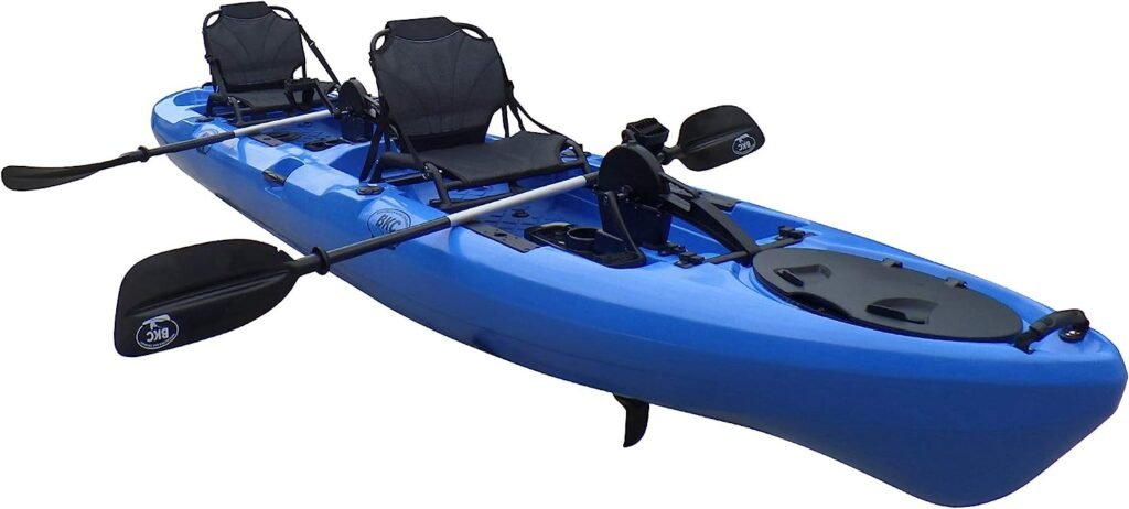 BKC PK14 14 Tandem Sit On Top Pedal Drive Kayak W/Rudder System and Instant Reverse, 2 Paddles, 2 Upright Back Support Aluminum Frame Seats 2 Person Foot Operated Kayak