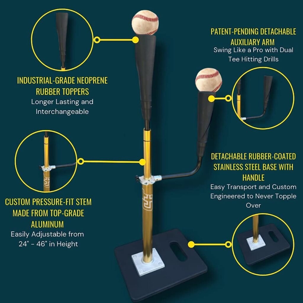 CT4 Pro-Style Dual Training Baseball and Softball Tee | Patented Detachable 360Â° Rotating Arm | Friction Fit Double Batting Tee, Durable Neoprene Rubber Toppers, Adjustable Height: 24 to 46 Gold