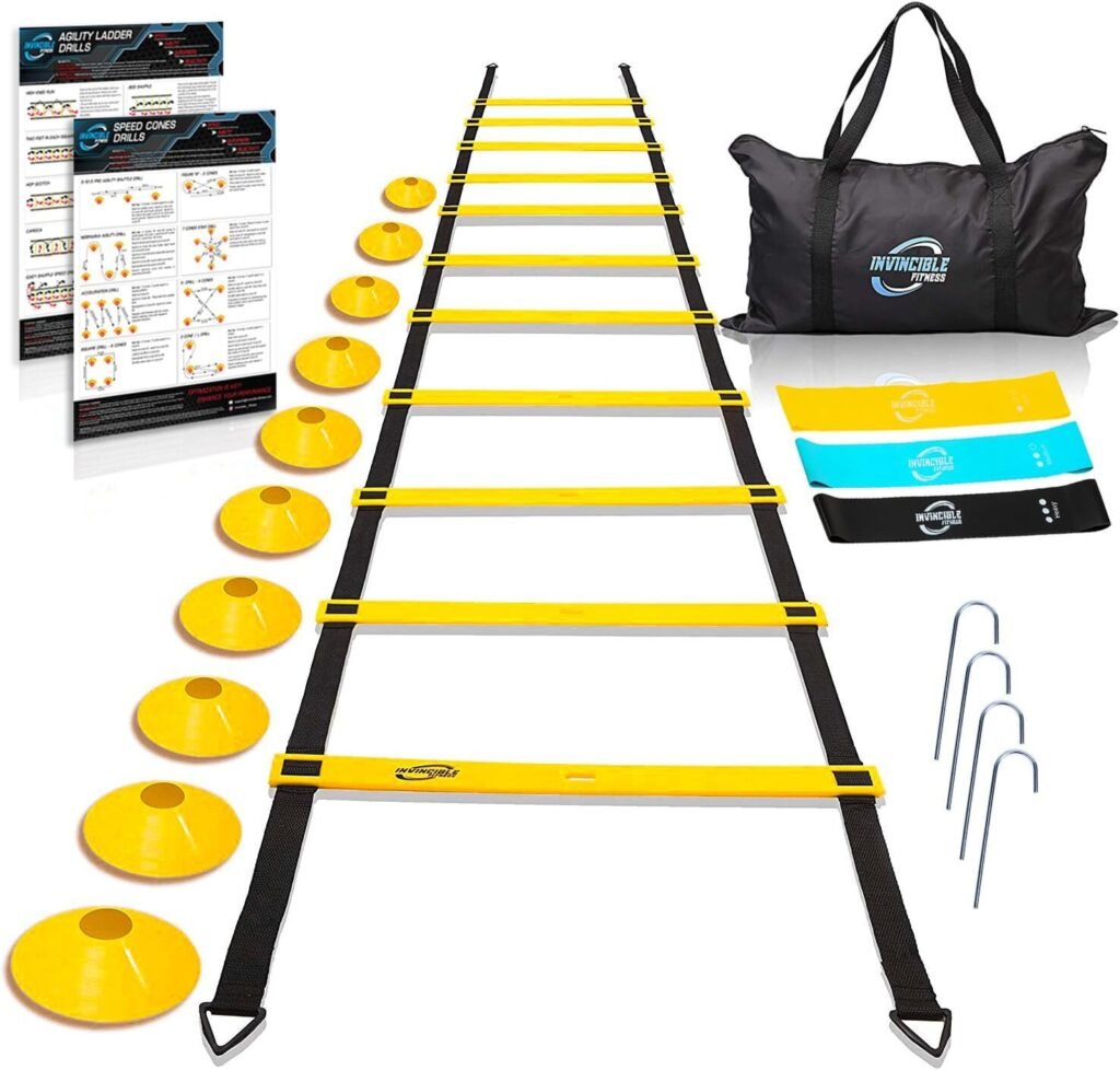 Invincible Fitness Agility Ladder Set - Enhance Speed, Power, Strength - Improves Coordination - Suitable for Weight Loss, Quick Feet, Adjustable and Fixed Rungs (Orange, Yellow, Green)