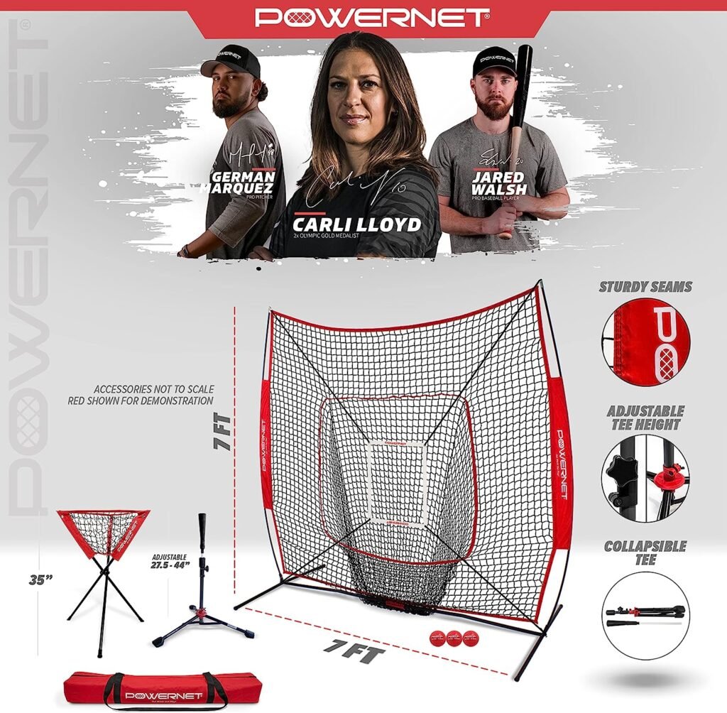 PowerNet 7x7 DLX Practice Net + Deluxe Tee + Ball Caddy + 3 Pack Weighted Ball + Strike Zone Bundle | Baseball Softball Coach Pack | Pitching Batting Training Equipment Set | 7 x 7