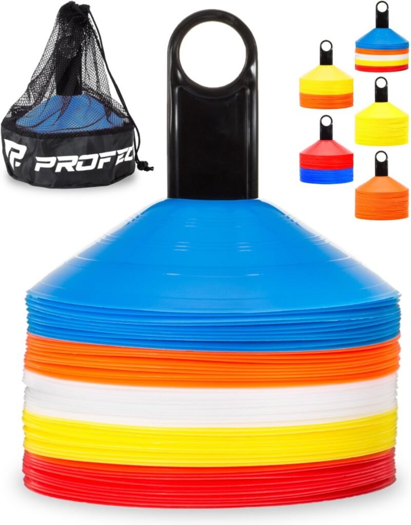 Pro Disc Cones (Set of 50) - Agility Soccer Cones with Carry Bag and Holder for Sports Training, Football, Basketball, Coaching, Practice Equipment, Kids - Includes 15 Best Cone Drills Book