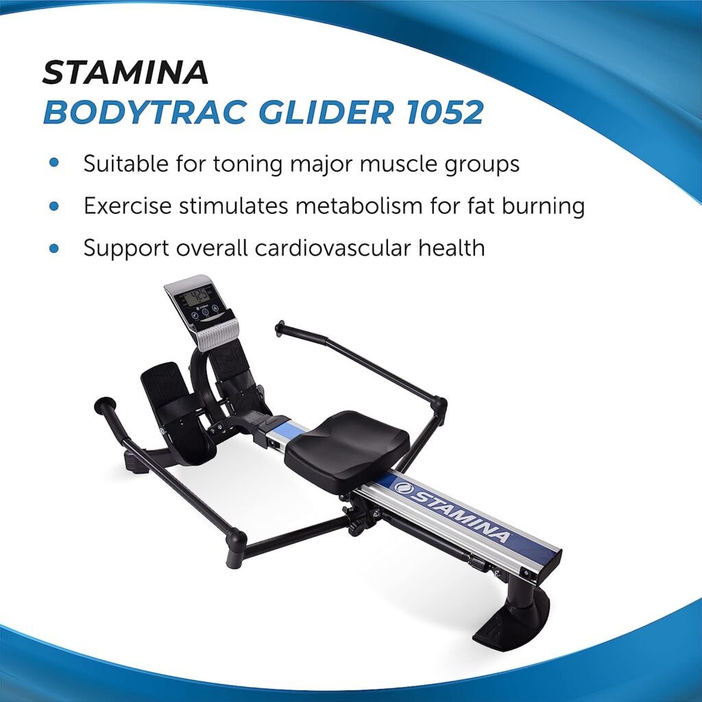 Stamina BodyTrac Glider 1052 Hydraulic Rowing Machine with Smart Workout App - Rower Workout Machine with Cylinder Resistance - Up to 250 lbs Weight Capacity