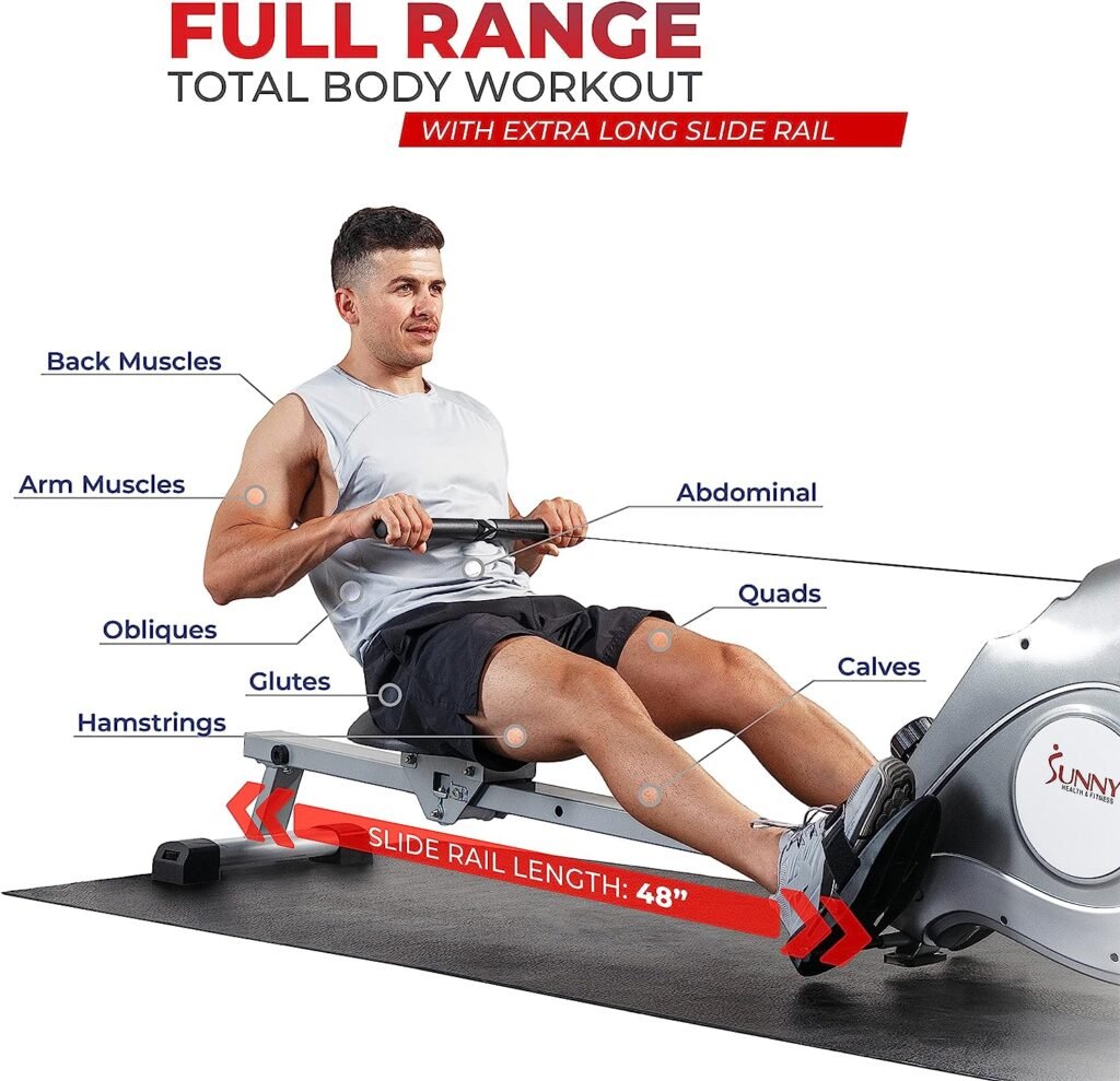 Sunny Health  Fitness Smart Magnetic Rowing Machine with Extended Slide Rail with Optional Exclusive SunnyFitÂ® App Enhanced Bluetooth Connectivity