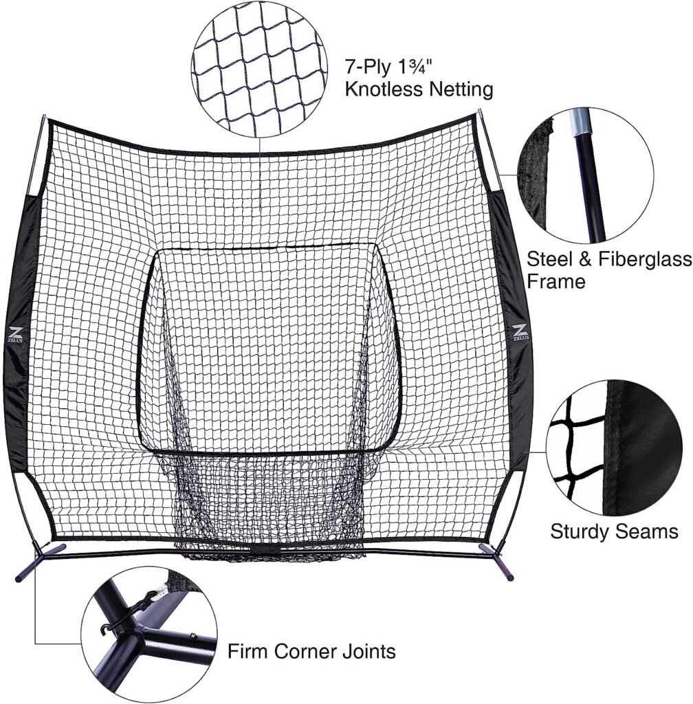 ZELUS 7x7ft Baseball Softball Practice Net | Portable Baseball Net with Tee, Baseballs and Carry Bag for Batting Hitting and Pitching