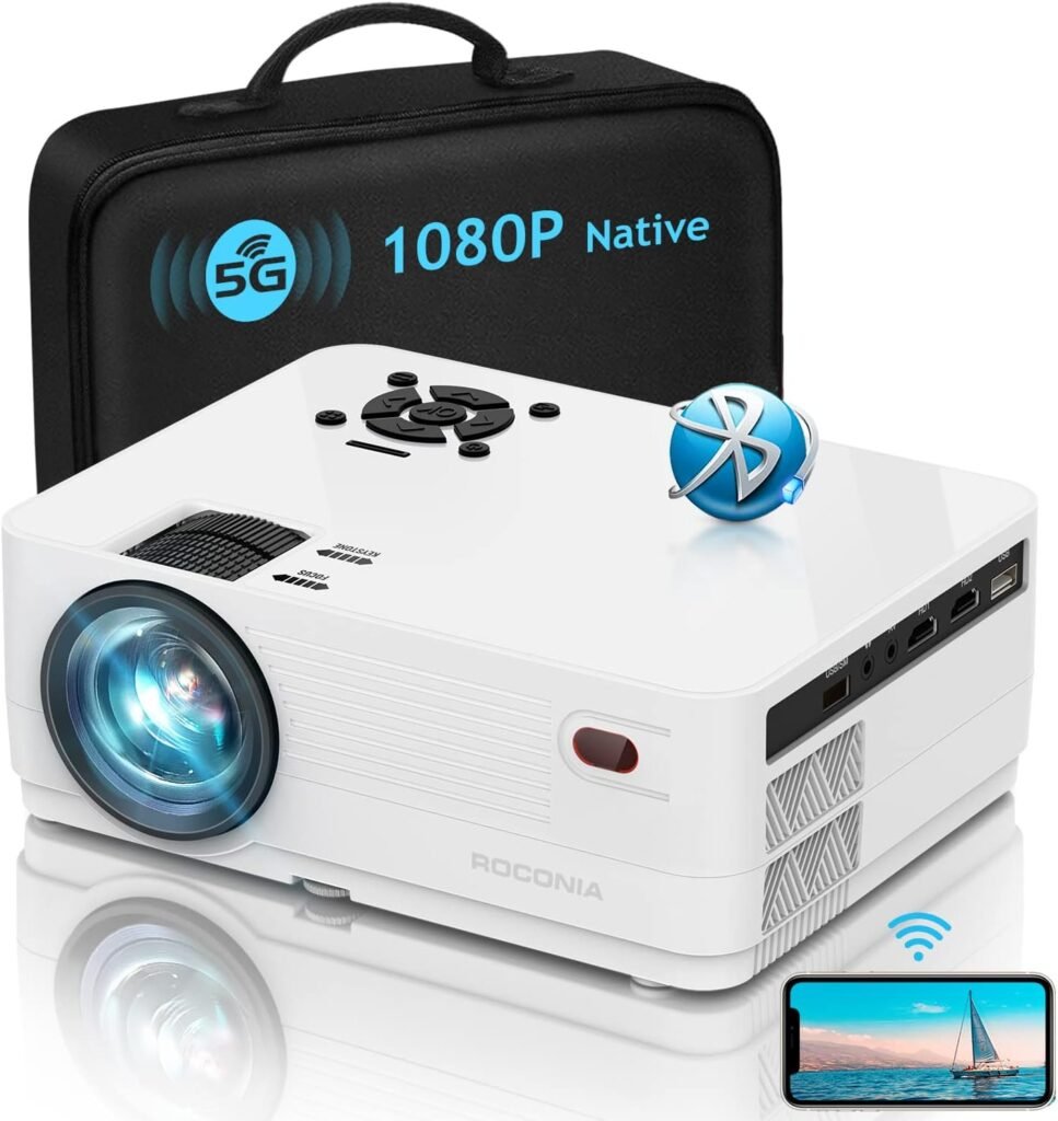 5G WiFi Bluetooth Native 1080P Projector, Roconia 12000LM Full HD Movie Projector, 300 Display Support 4k Home Theater,Compatible with iOS/Android/XBox/PS4/TV Stick/HDMI/USB (White)
