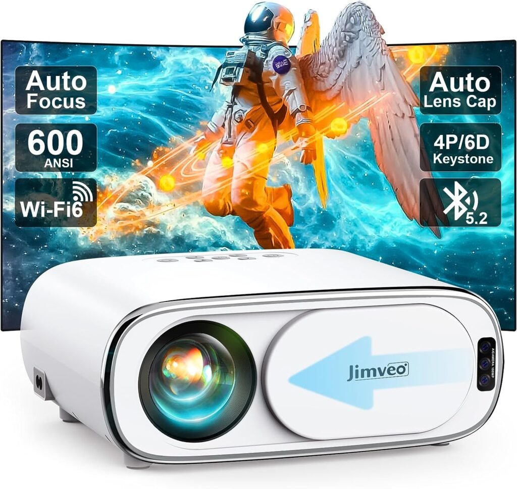[Auto Focus+Auto Lens Cap] Projector with WiFi 6 and Bluetooth:Jimveo 600 ANSI Native 1080P Outdoor Movie Projector 4k Support,Auto 6D Keystone50% Zoom,Portable Smart LED Video Projector for Phone/PC