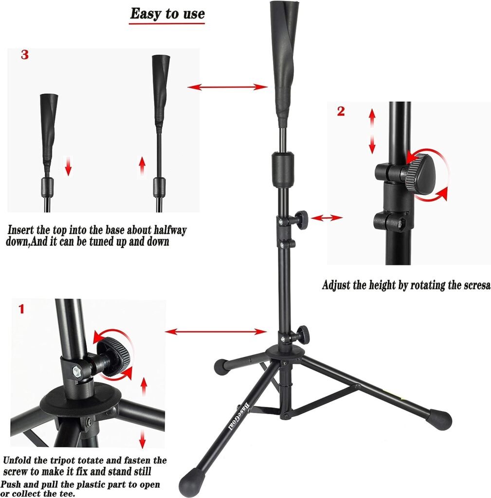 BaseGoal Batting Tee Baseball Tee Softball Travel Portable Tee Tripod Stand Rubber Tee for Batting Training Practice with Carrying Bag