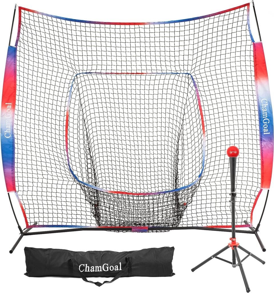 ChamGoal 7X7 Baseball Softball Tee and Net Combo,Softball Baseball Net and Tee for Hitting and Pitching, 3 Color Baseball Backstop Softball Practice Equipment with Weighted Ball(Gradient)…