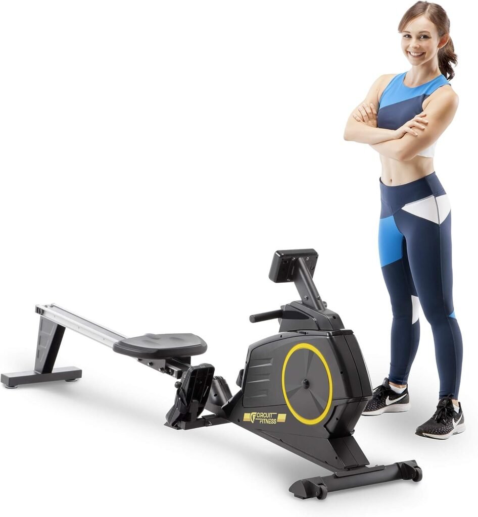 CIRCUIT FITNESS Deluxe Foldable Magnetic Rowing Machine with 8 Resistance Settings/Transport Wheels/LCD Monitor