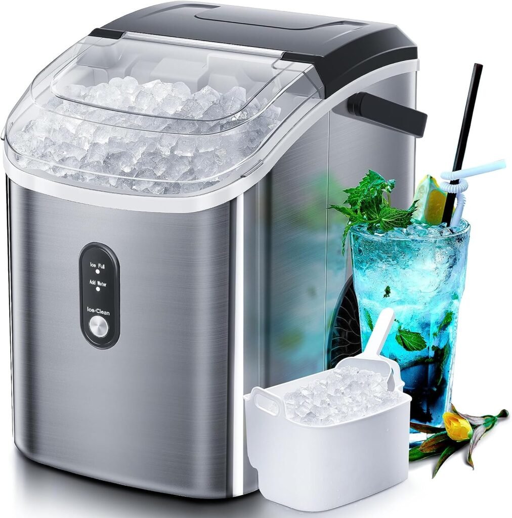 Nugget Countertop Ice Maker with Soft Chewable Ice, 34Lbs/24H, Pebble Portable Ice Machine with Ice Scoop, Self-Cleaning, One-Click Operation, for Kitchen,Office Stainless Steel Silver