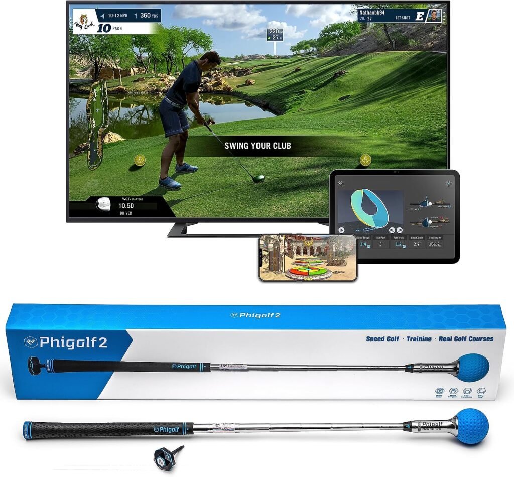 PHIGOLF Phigolf2 Golf Simulator with Swing Stick for Indoor  Outdoor Use, Golf Swing Trainer with Upgraded Motion Sensor  3D Swing Analysis, Compatible WGT/E6 Connect APP, Works with Smartdevices