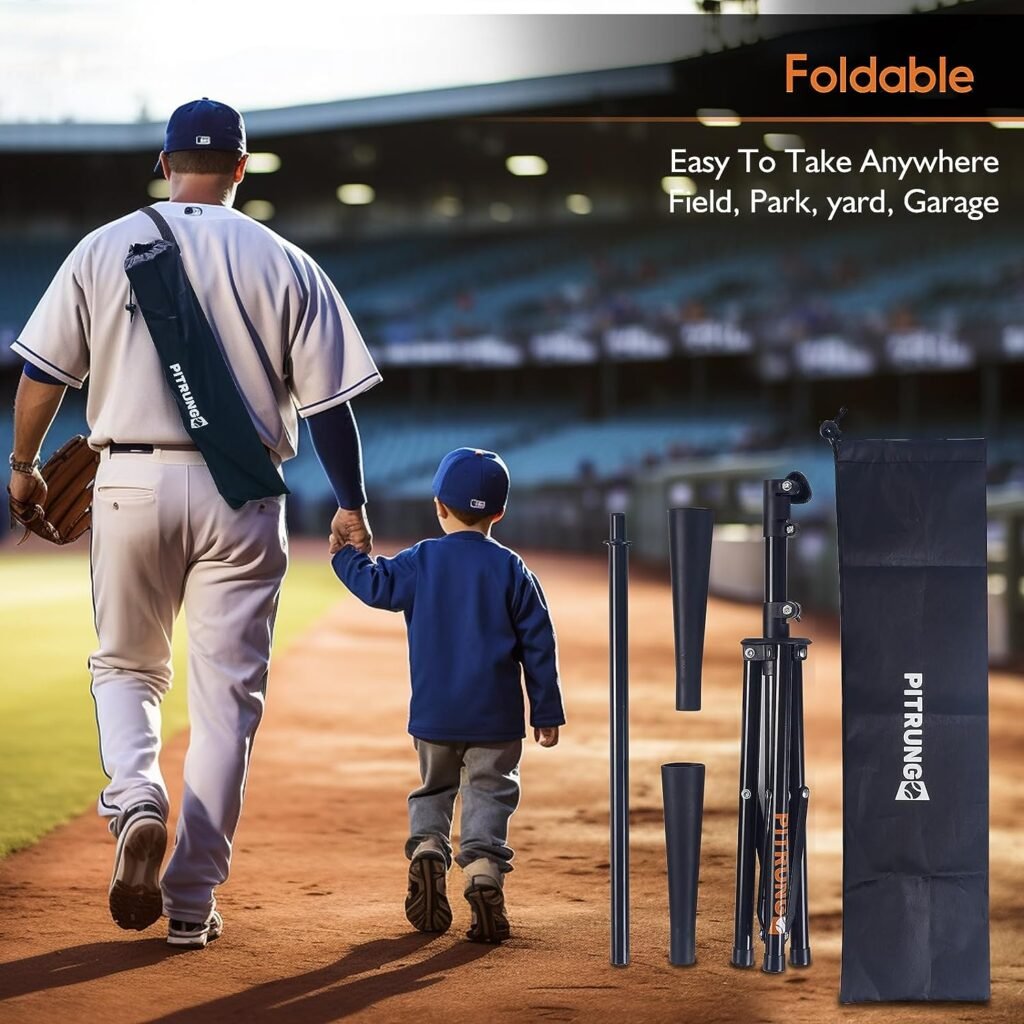 Pitrungo Batting Tee for Baseball/Softball Adjustable Height 30 to 45 inches 2 Pcs Replaceable Hand-Rolled Rubber Top Portable tee with Carry Bag for Kids and Adults Hitting and Batting Training