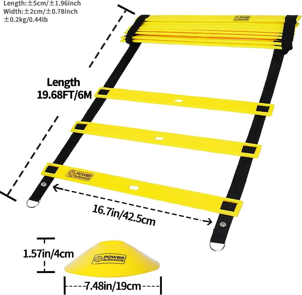 POWER GUIDANCE Agility Ladder (20 Feet) for Speed Agility Training  Quick Footwork Exercise - with 12 Plastic Rungs, 4 Pegs, Carry Bag  10 Sports Cones
