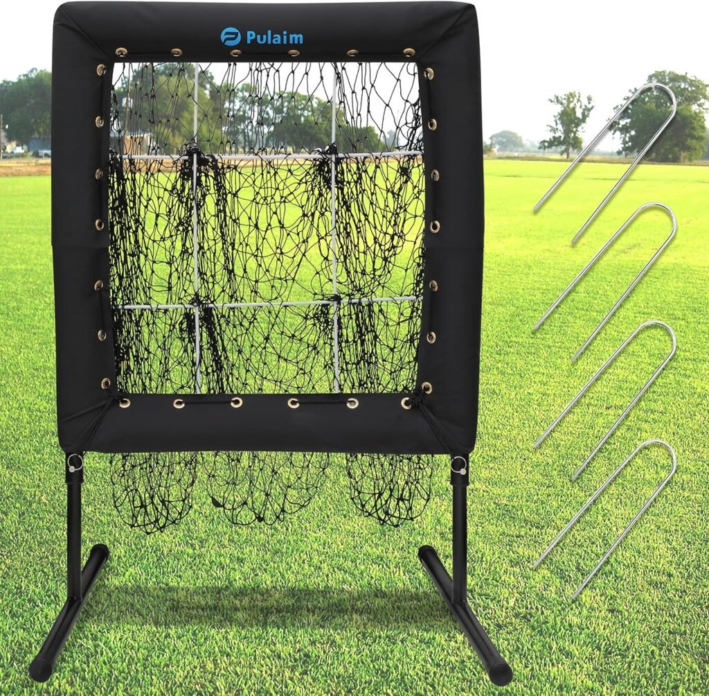 Pulaim Baseball Softball Pitching Net with Strike Zone,Baseball Pitching Training Equipment,9-Hole Baseball Pitching Net,Adjustable Height,Easy to Carry and fold,for Children and Adults to Practice