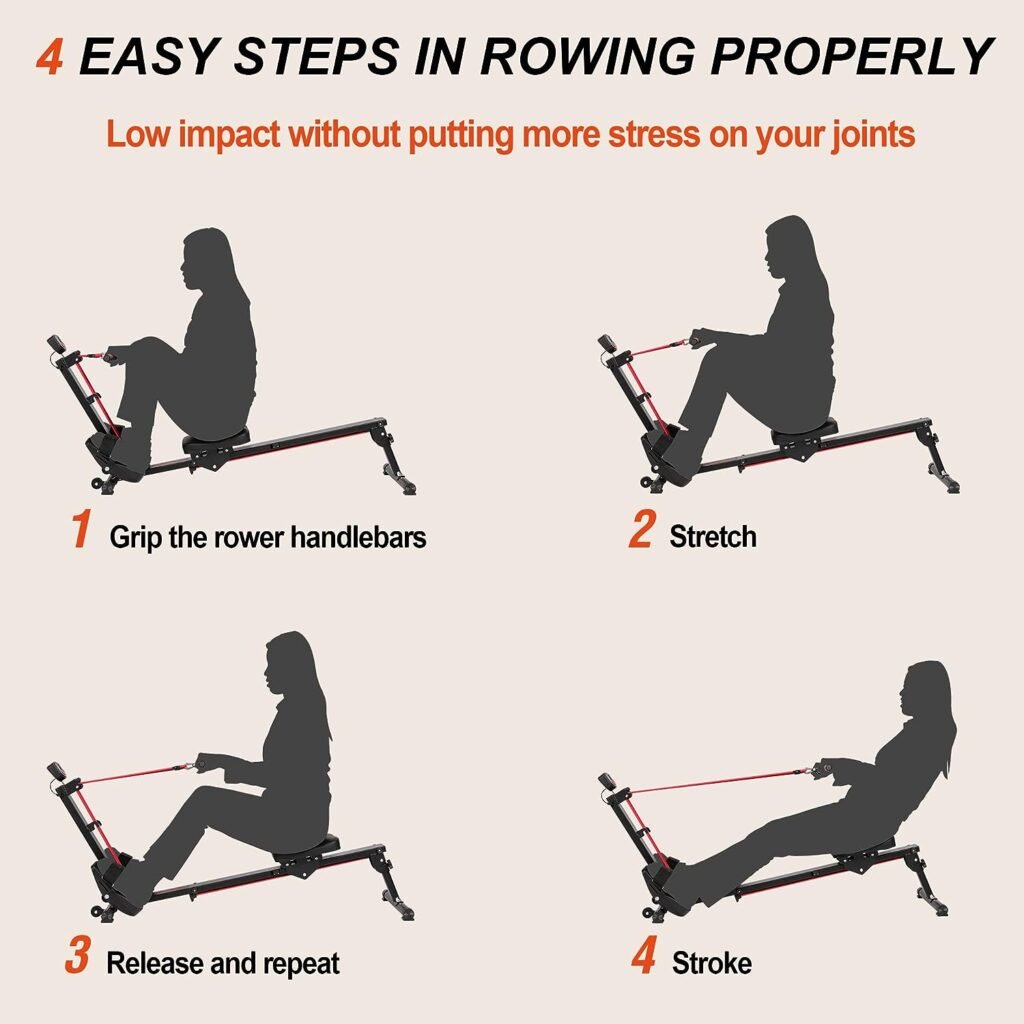 Rowing Machines for Home Use, Foldable Rowing Machine, Elastic Rower Indoor Row Machine with 3 Adjustable Levels, LCD Display  Comfortable Seat Cushion (BlackRed)