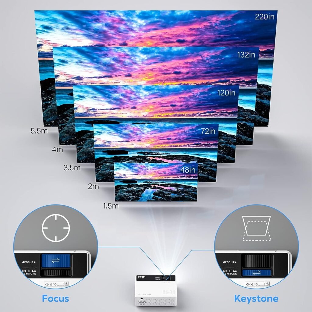 TMY Mini Projector, Upgraded 9500 Lumens Bluetooth Projector with 100 Screen, 1080P Full HD Portable Projector, Movie Projector Compatible with TV Stick Smartphone/HDMI/USB/AV, indoor  outdoor use