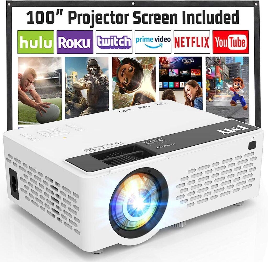 TMY Mini Projector, Upgraded 9500 Lumens Bluetooth Projector with 100 Screen, 1080P Full HD Portable Projector, Movie Projector Compatible with TV Stick Smartphone/HDMI/USB/AV, indoor  outdoor use