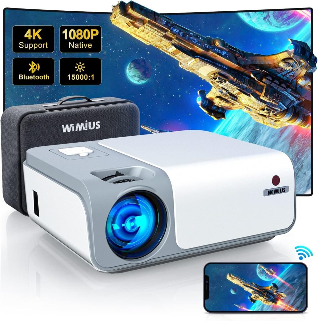 WiMiUS Upgrade Projector with WiFi and Bluetooth, 480 ANSI Lumens 4K Projector, Native 1080P 5G WiFi Projector, 500 DisplayZoom, BrighterClearer Outdoor Movie Projector for Phone/PC