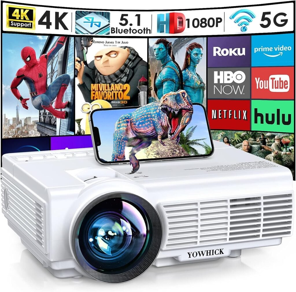 YOWHICK Projector with 5G WiFi Bluetooth Projector, Native 1080P 9500L Outdoor Projector 4K Support, Mini Portable Movie Video Projector with Screen, for HDMI, VGA, USB, Laptop, iOS  Android Phone