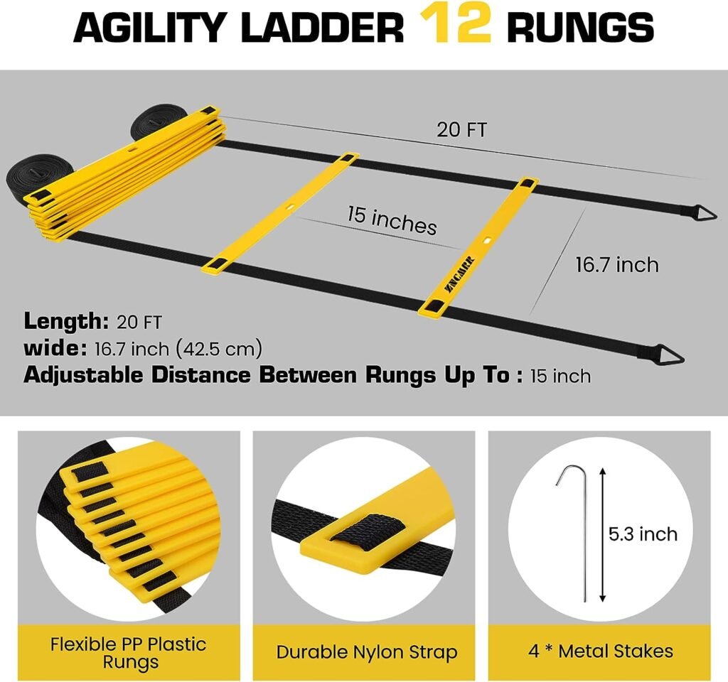 ZNCMRR Agility Ladder Speed Training Equipment Set, 20Ft Adjustable 12 Rung Workout Ladder, Running Speed Parachute and 10 Disc Cones for Football, Basketball, Baseball and Footwork Skills Training