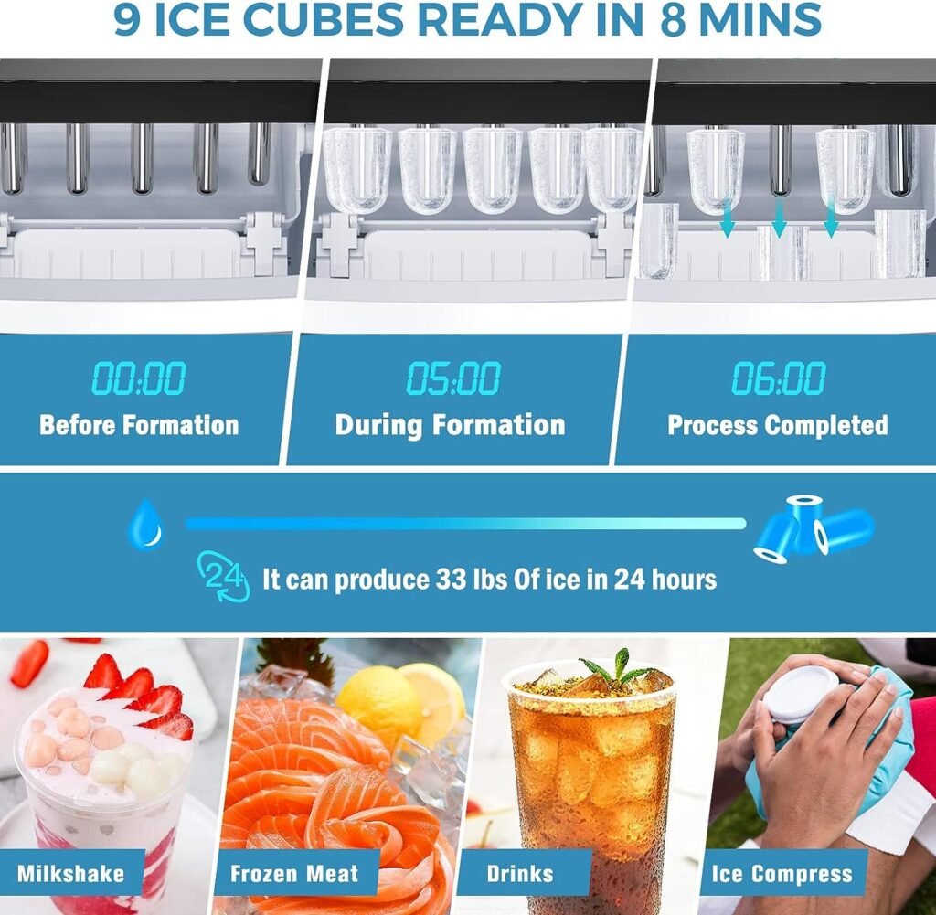 Countertop Ice Makers Countertop Ice Machine Elechelf,33Lbs/24Hrs,Bullet Icer Maker Machine,9 Pcs Cube Ready in 8-15mins with Scoop and Basket,Perfect for Home/Kitchen/Party/Office（Sliver）
