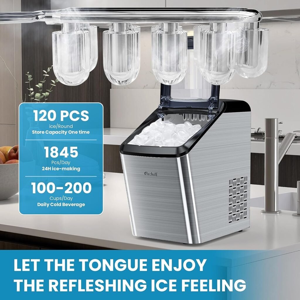 Countertop Ice Makers Countertop Ice Machine Elechelf,33Lbs/24Hrs,Bullet Icer Maker Machine,9 Pcs Cube Ready in 8-15mins with Scoop and Basket,Perfect for Home/Kitchen/Party/Office（Sliver）