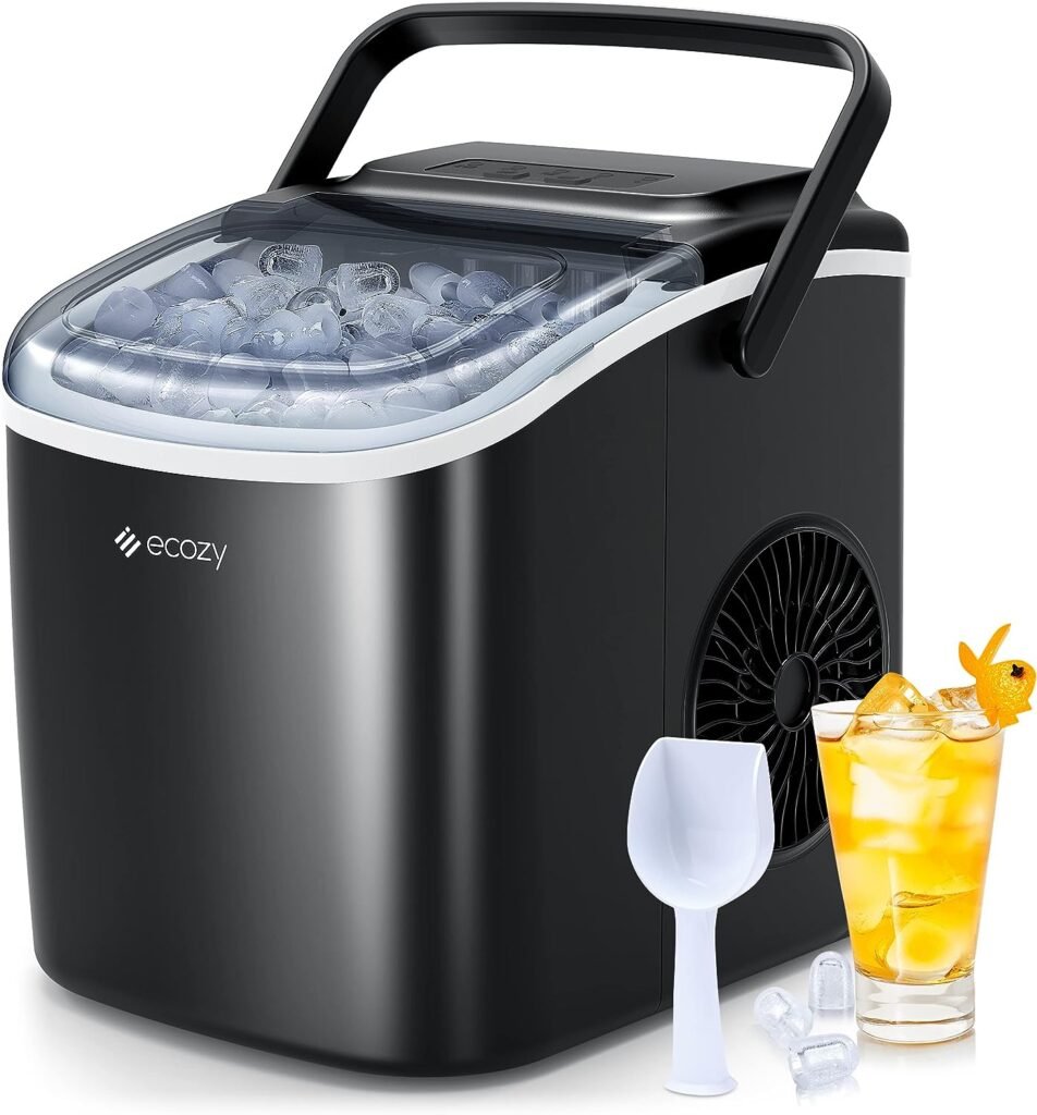 ecozy Portable Countertop Ice Maker - 9 Ice Cubes in 6 Minutes, 26 lbs Daily Output, Self-Cleaning with Ice Bags, Scoop, and Basket for Kitchen, Office, Bar, Party - Black