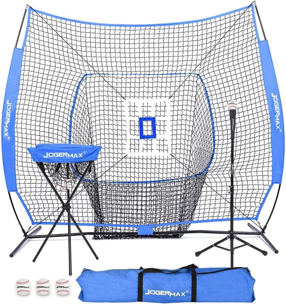 JOGENMAX 7x7 DLX Practice Net + Deluxe Tee + Ball Caddy + 3 Training Ball/Strike Zone Bundle + Carrying Bag | Baseball Softball Pitching Batting Training Equipment Set