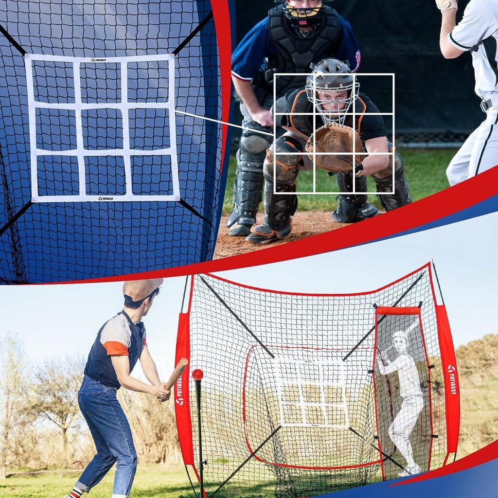 Patiassy 7 ft x 7 ft Baseball Softball Hitting Pitching Practice Net with Batting Tee and Batter Portable Baseball Net with 2 Weighted Baseballs, 2 Baseballs, Carry Bag and Strike Zone