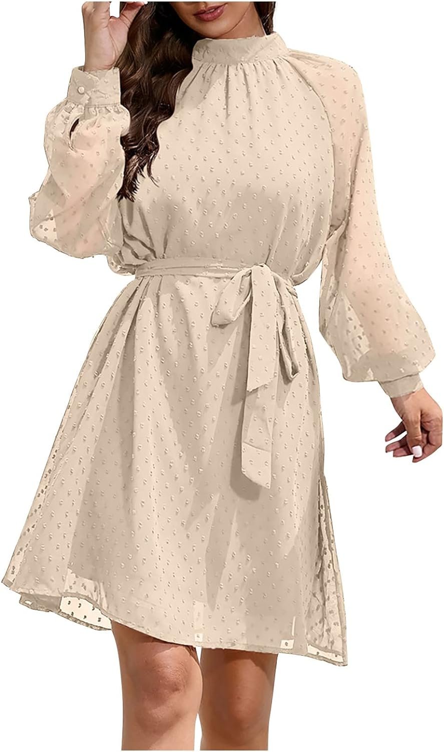 Shusuen  Womens O Neck Ruffle Chiffon Elegant Mini Dresses Elegant Long Lantern Sleeve Tie Waist Dot Pullover Dress
