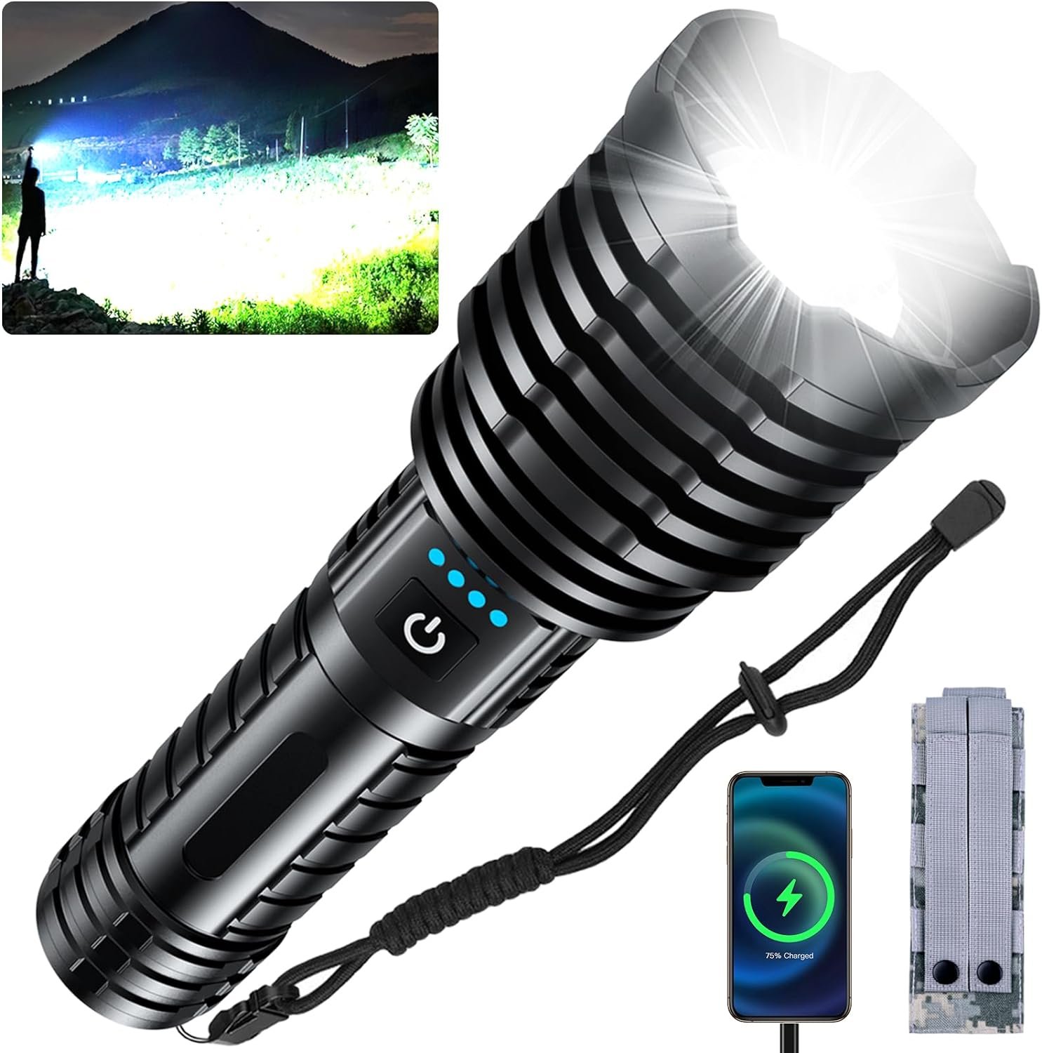 Super Bright LED Flashlight 300000 High Lumens, Rechargeable Handheld Flashlights Powered by Battery, Powerful Waterproof Tactical Flashlights with Zoomable 6 Modes for Emergencies Camping (Black)