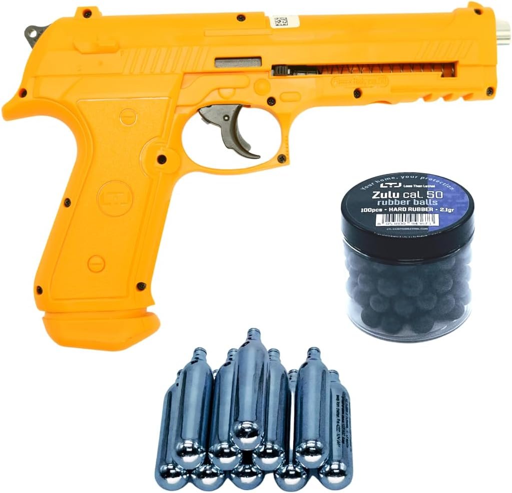 LTL Alfa 1.50 Orange Full Power Air Gun | Non-Lethal Defense Training and Self-Defense Air Pistol | Pepper Balls and Rubber Ball Gun | 18 Joules and .50 Caliber | LTL Zulu 2.1G Rubber Balls Included