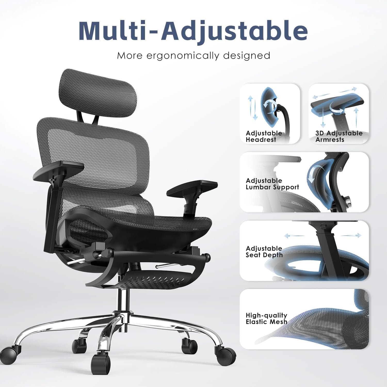 Ergonomic Office Chair, SGS Certified Gas Cylinder, Office Chair with Adjustable Lumbar Support and Seat Depth, Retractable Footrest, Mesh Office Chair Gaming Chair Kneeling Chair