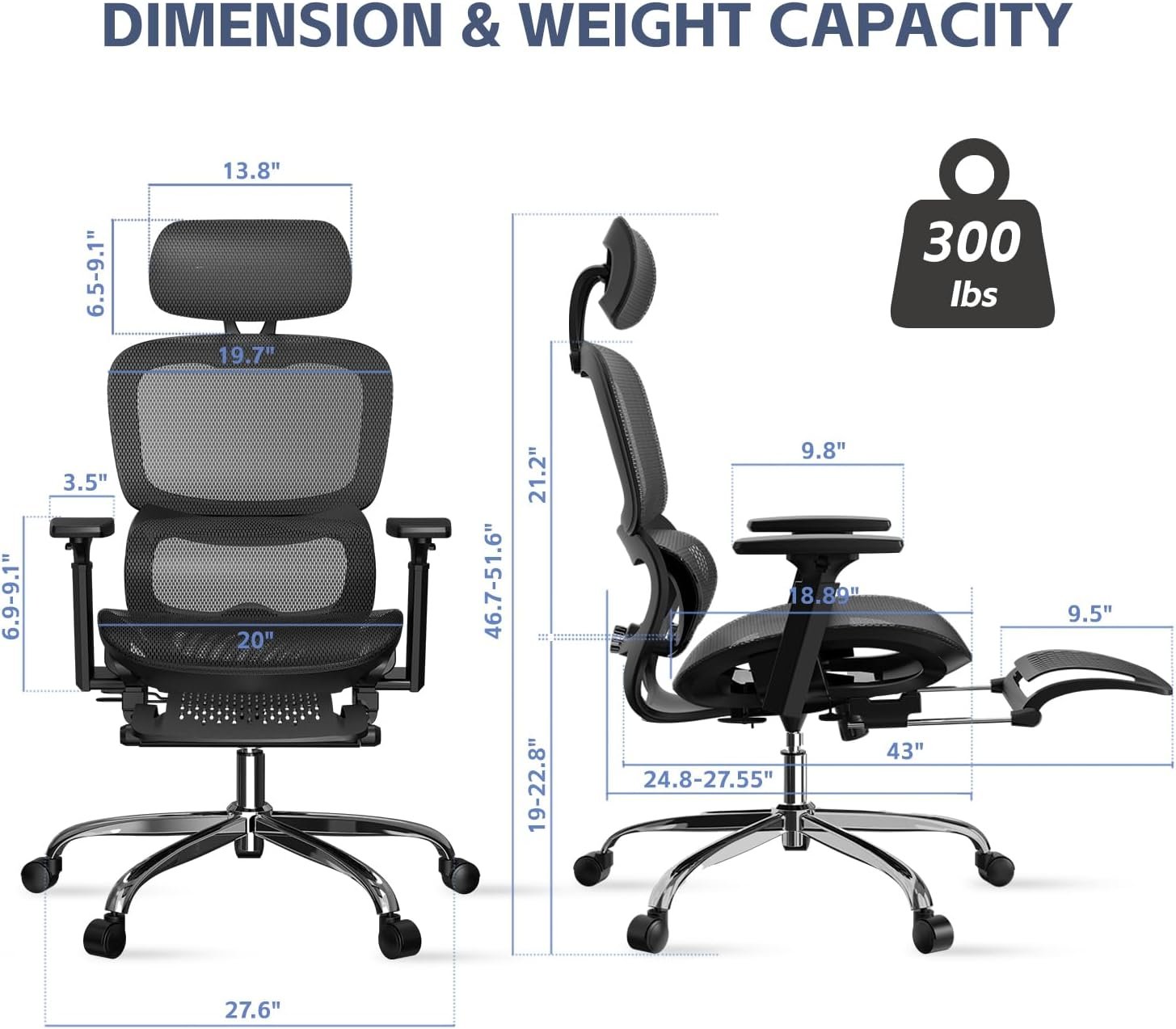 Ergonomic Office Chair, SGS Certified Gas Cylinder, Office Chair with Adjustable Lumbar Support and Seat Depth, Retractable Footrest, Mesh Office Chair Gaming Chair Kneeling Chair