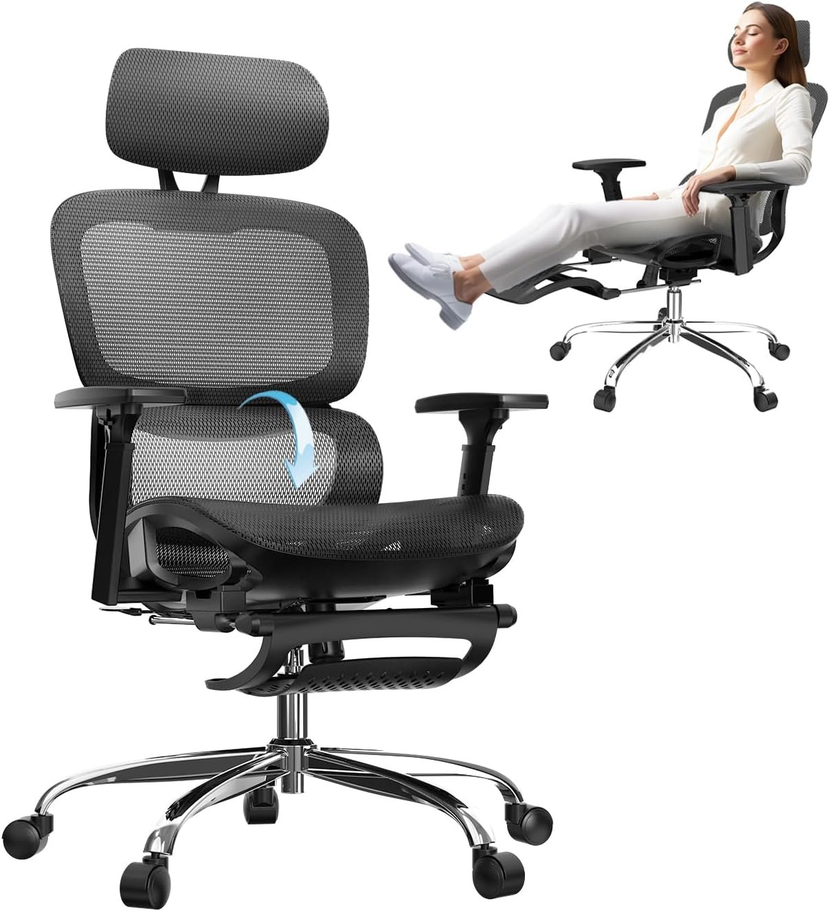 Ergonomic Office Chair, SGS Certified Gas Cylinder, Office Chair with Adjustable Lumbar Support and Seat Depth, Retractable Footrest, Mesh Office Chair Gaming Chair Kneeling Chair