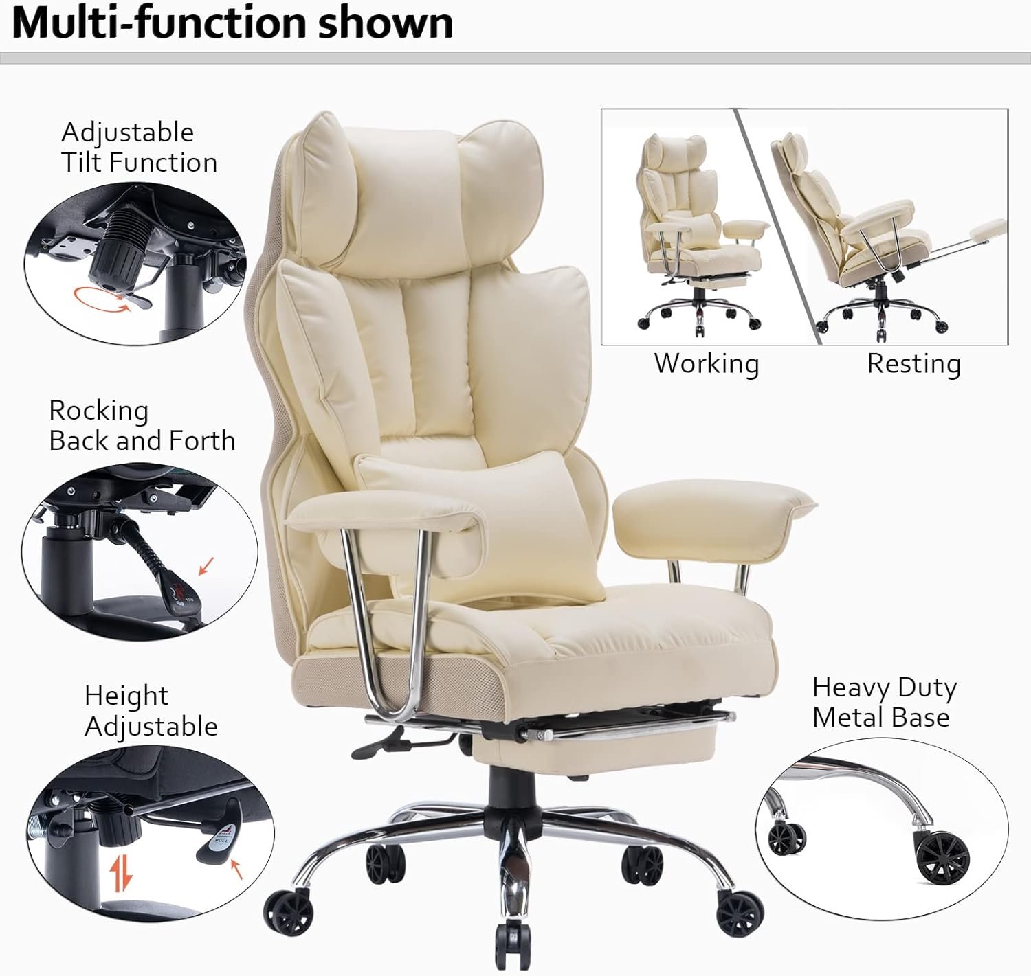 Desk Office Chair 400LBS, Big and Tall Office Chair, PU Leather Computer Chair, Executive Office Chair with Leg Rest and Lumbar Support, Dark Grey Office Chair