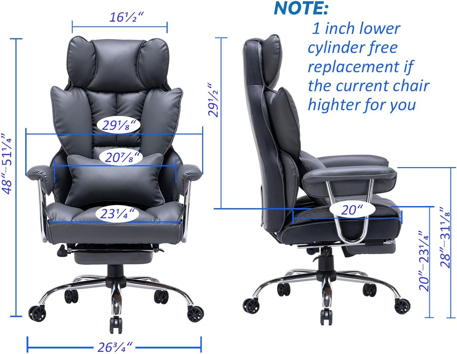 Desk Office Chair 400LBS, Big and Tall Office Chair, PU Leather Computer Chair, Executive Office Chair with Leg Rest and Lumbar Support, Dark Grey Office Chair