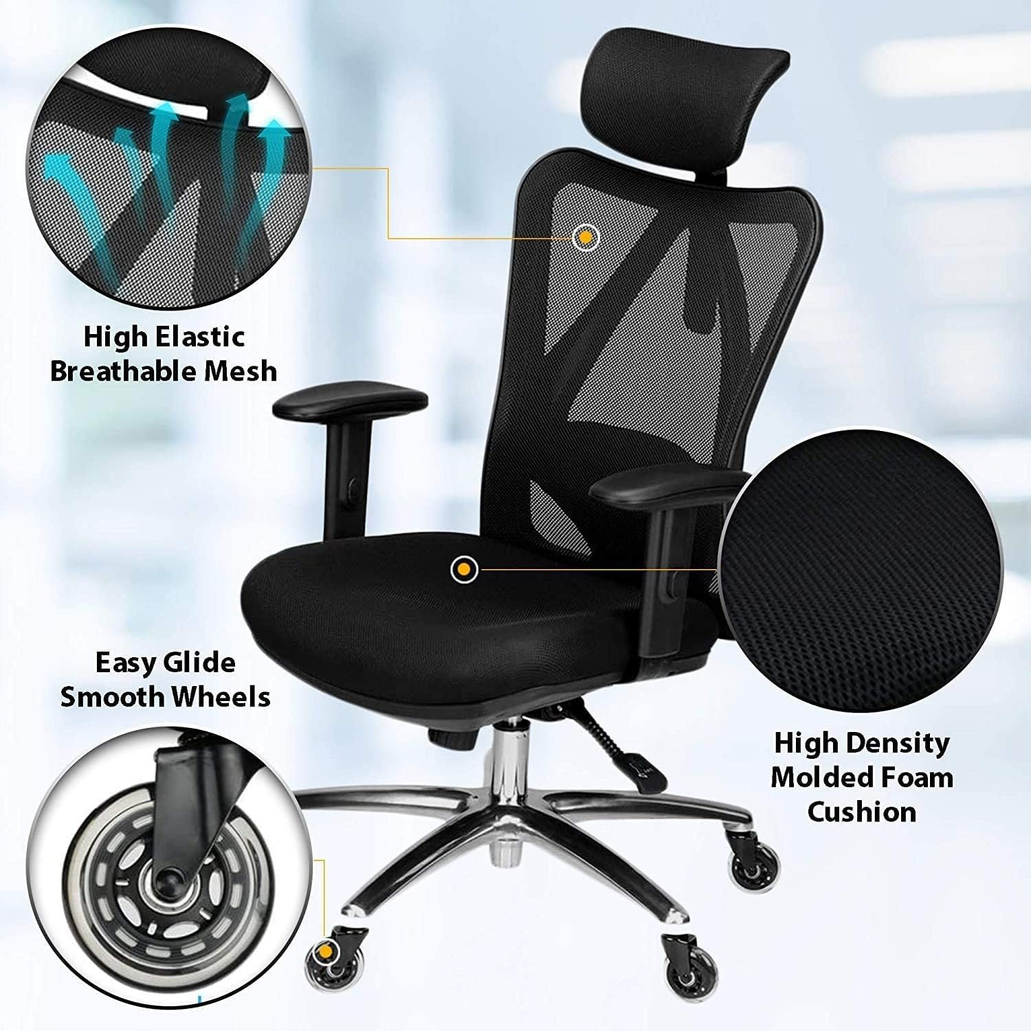 Duramont Ergonomic Office Chair - Adjustable Desk Chair with Lumbar Support and Rollerblade Wheels - High Back Chairs with Breathable Mesh - Thick Seat Cushion, Head, and Arm Rests - Reclines