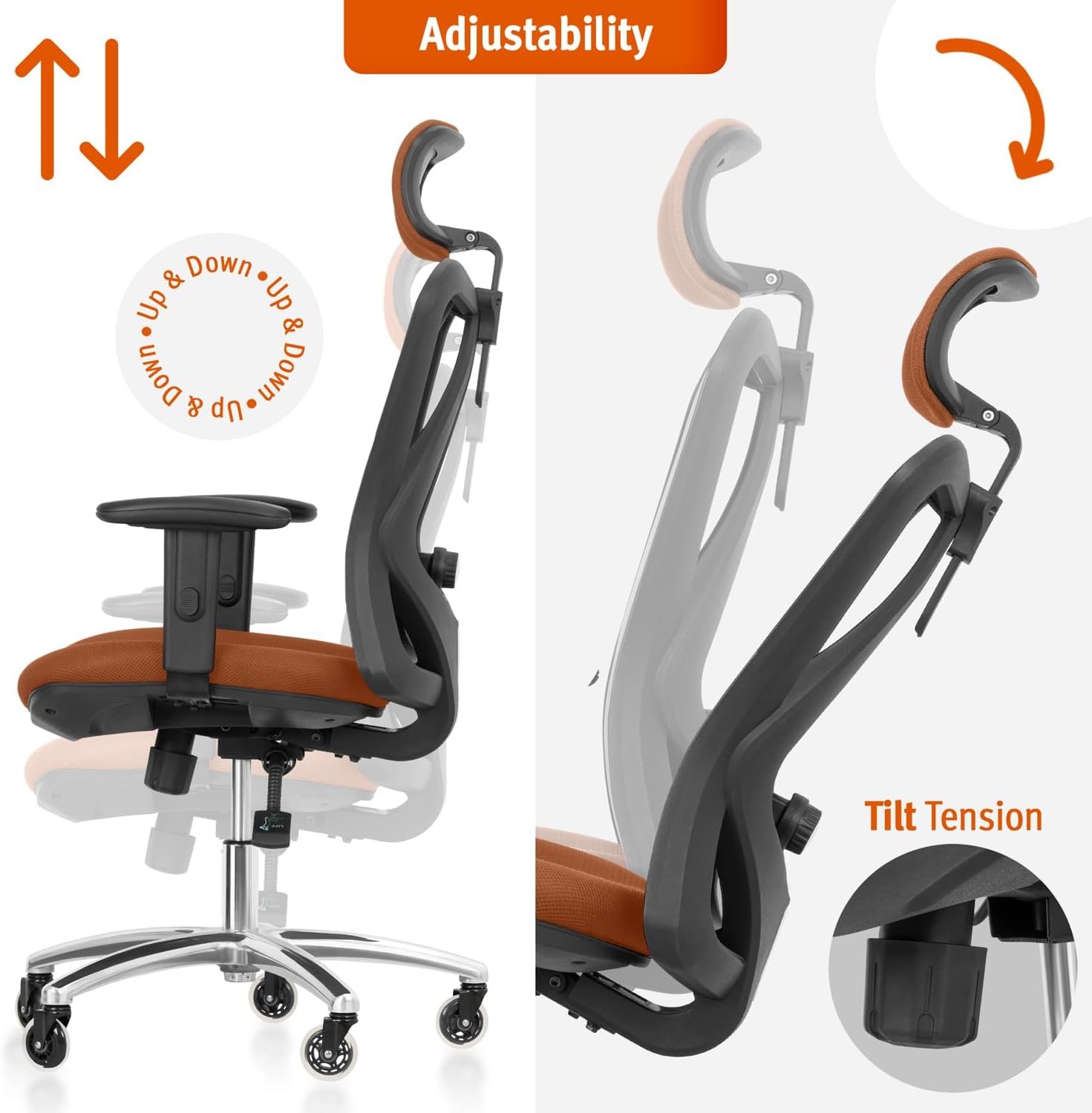 Duramont Ergonomic Office Chair - Adjustable Desk Chair with Lumbar Support and Rollerblade Wheels - High Back Chairs with Breathable Mesh - Thick Seat Cushion, Head, and Arm Rests - Reclines