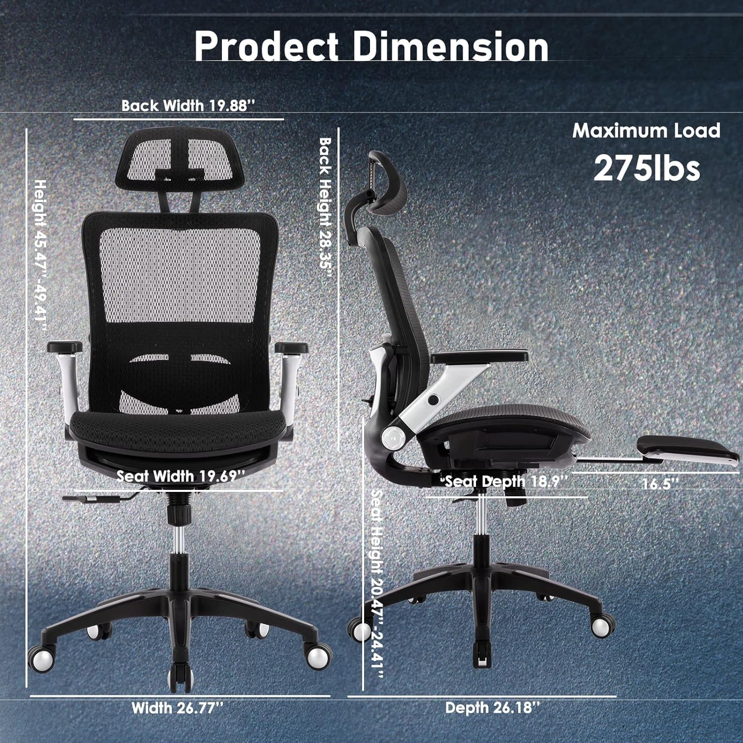 Ergonomic Mesh Office Chair with Footrest, High Back Computer Executive Desk Chair with Headrest and 4D Flip-up Armrests, Adjustable Tilt Lock and Lumbar Support-Black