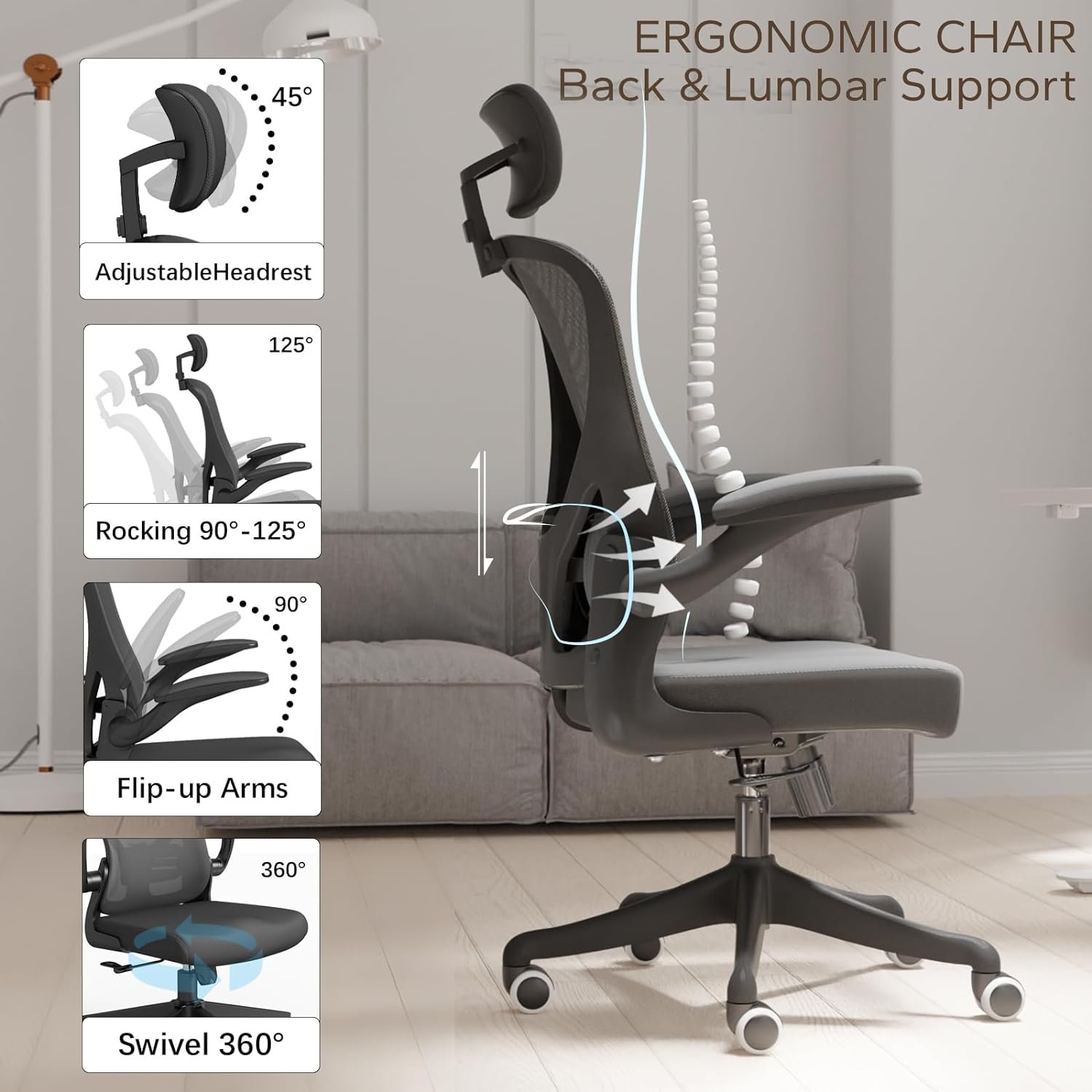 Ergonomic Office Chair, Computer Mesh Chair, Home Office Desk Chairs with Adjustable Headrest and Height, High Back Swivel Task Chair with Flip Up Armrest…