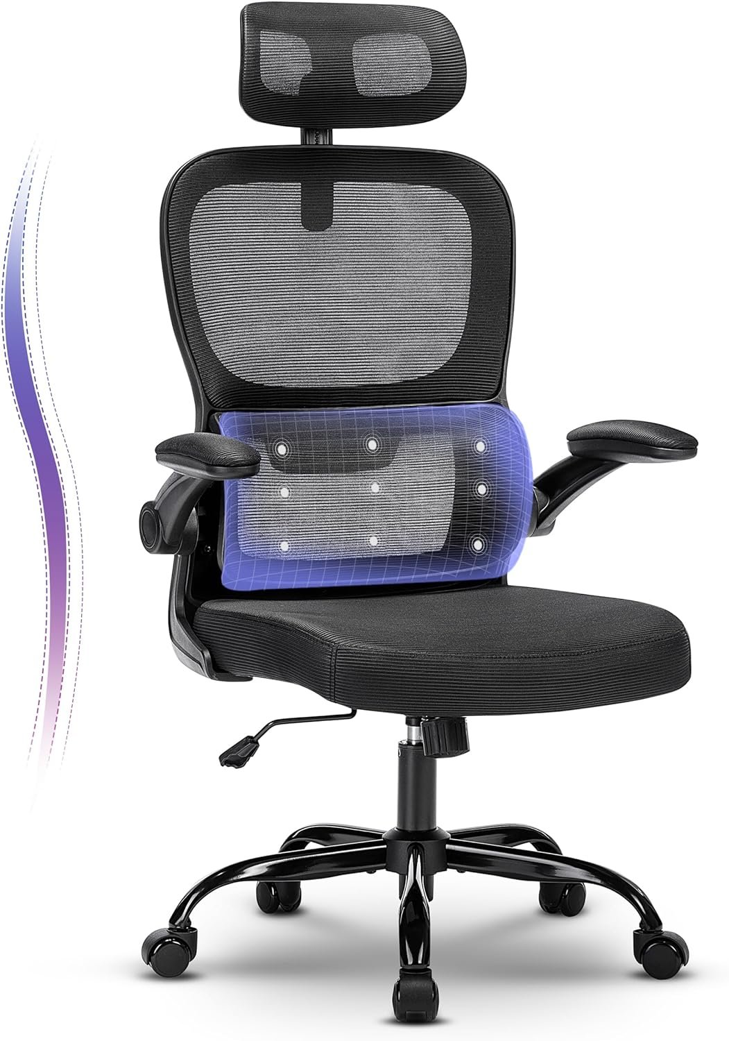 Ergonomic Office Chair Home Office Desk Chair with Lumbar Support High Back Mesh Office Chair Computer Desk Chair, Adjustable Headrest  Flip-Up Armrest, Black