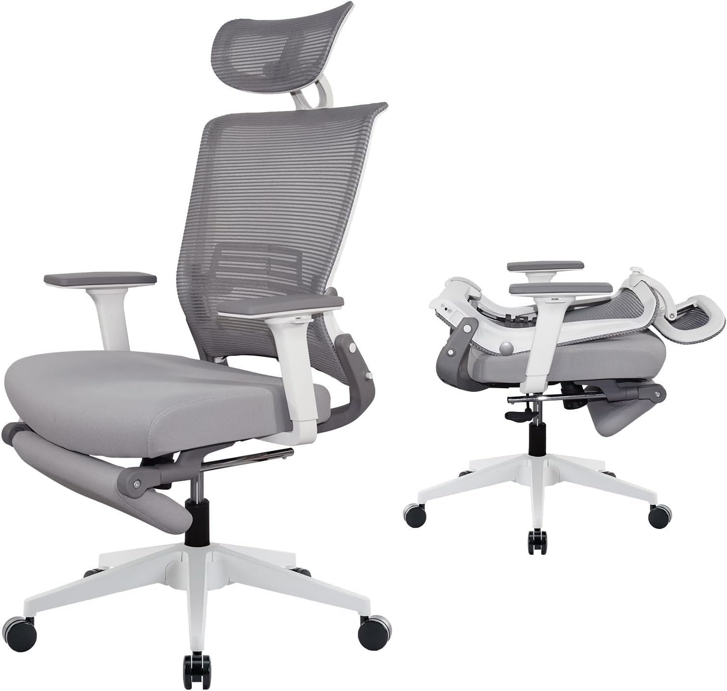 Foldable Ergonomic Office Chair with Footrest, High Back Computer Chair with 2D Headrest, Mesh Back, Sponge Seat, Adjustable Lumbar Support, 2D Armrest, Home Office Desk Chair, Cream