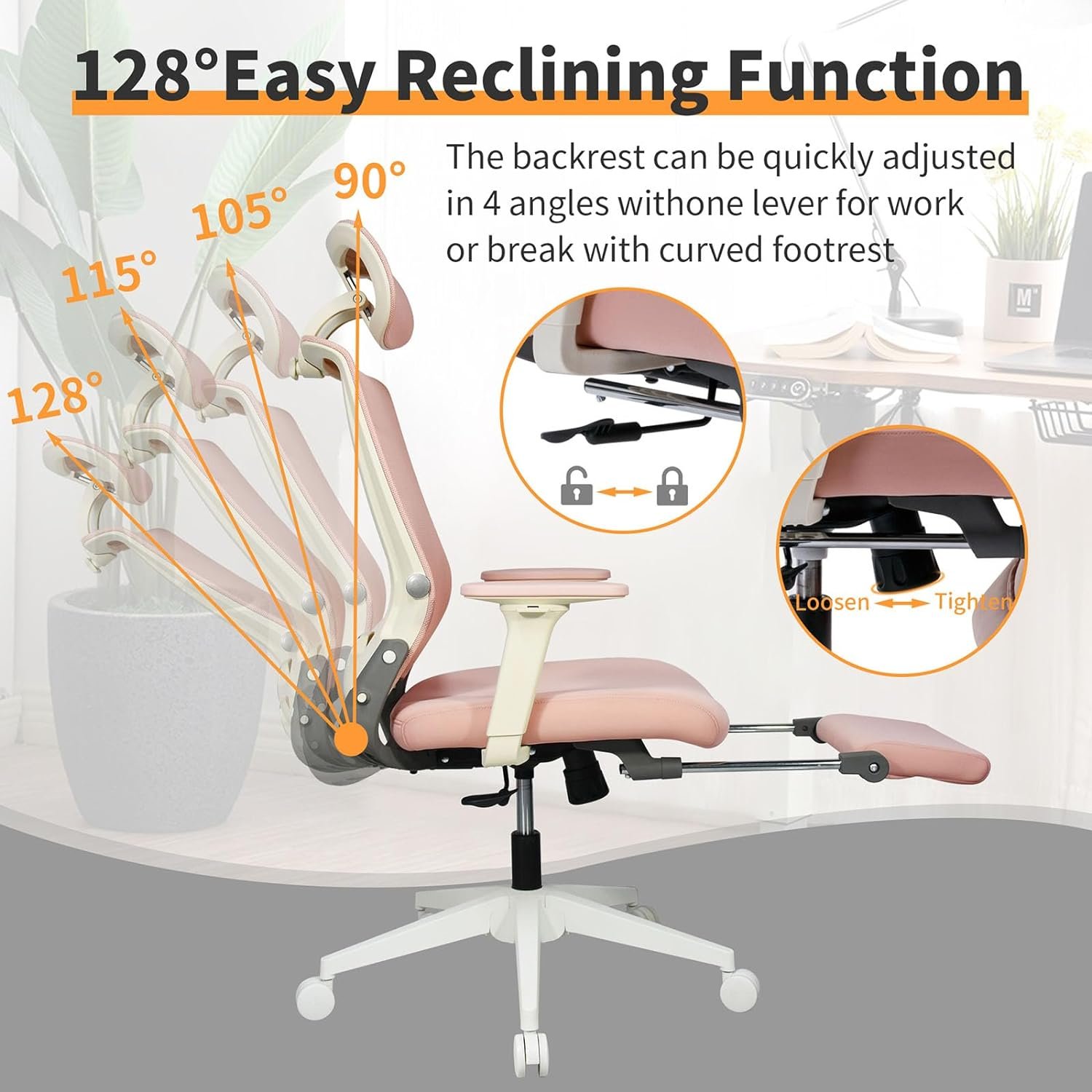 Foldable Ergonomic Office Chair with Footrest, High Back Computer Chair with 2D Headrest, Mesh Back, Sponge Seat, Adjustable Lumbar Support, 2D Armrest, Home Office Desk Chair, Cream