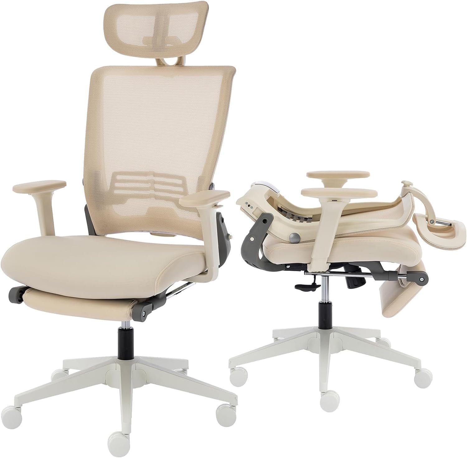 Foldable Ergonomic Office Chair with Footrest, High Back Computer Chair with 2D Headrest, Mesh Back, Sponge Seat, Adjustable Lumbar Support, 2D Armrest, Home Office Desk Chair, Cream