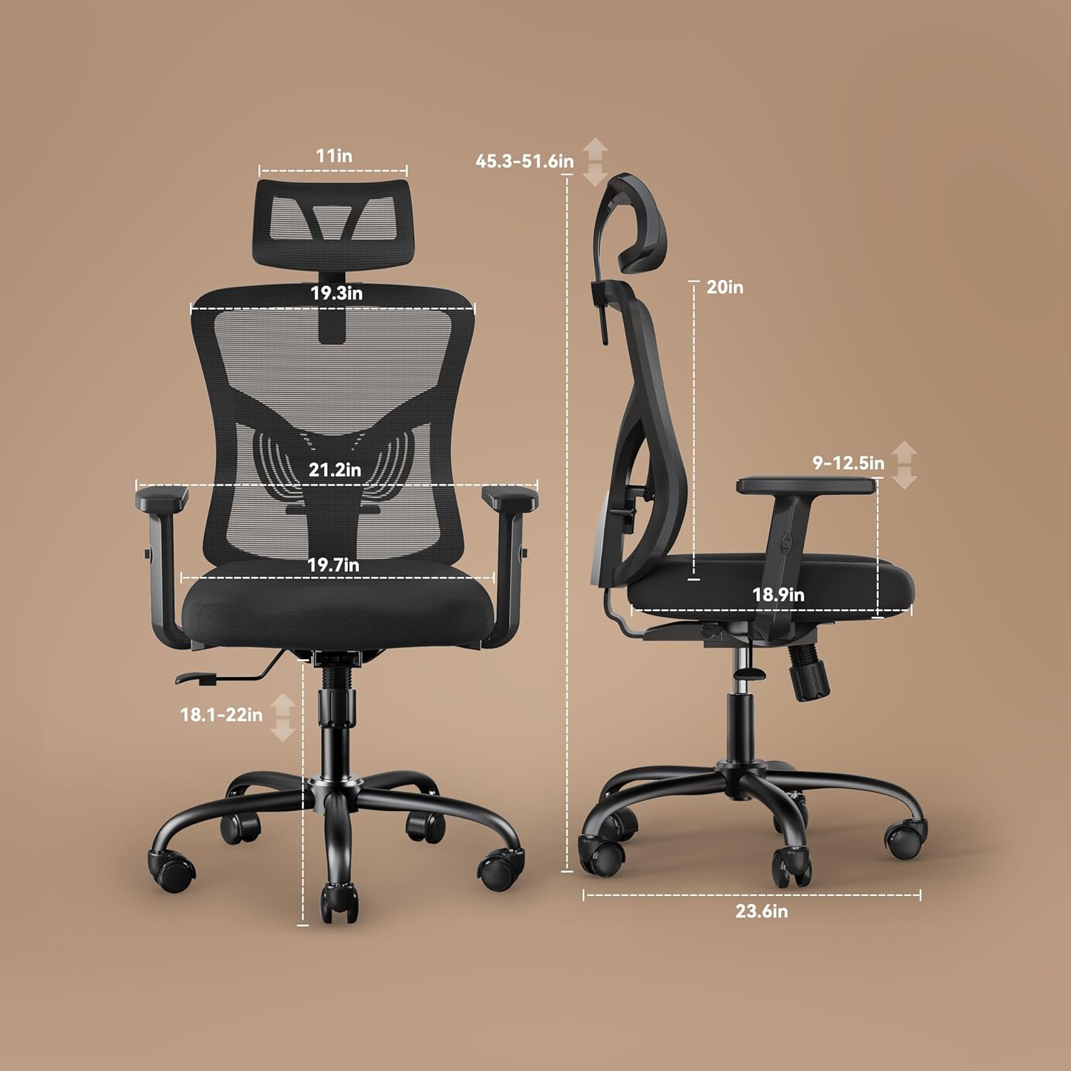 NOBLEWELL Ergonomic Office Chair, Desk Chair with 2 Adjustable Lumbar Support, Headrest, 2D Armrest, Office Chair Backrest 135° Freely Locking and Rocking, Computer Chair for Home Office